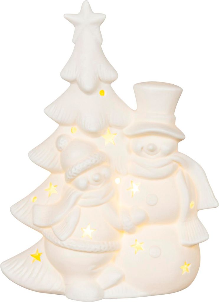 HGD LED-Porzellanfigur - Schneemann mit Weihnachtsbaum - in Weiß - elegante Deko für die Adventszeit