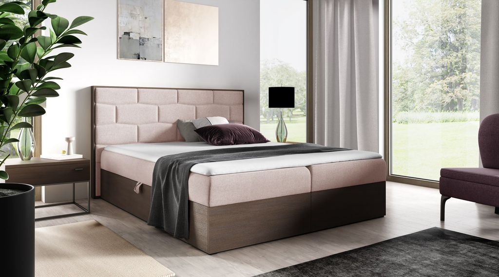 Kontinentales Bett 140x200 CHANTELLE 9 - dunkle Eiche / Rosa + GRATIS Matratzenauflage