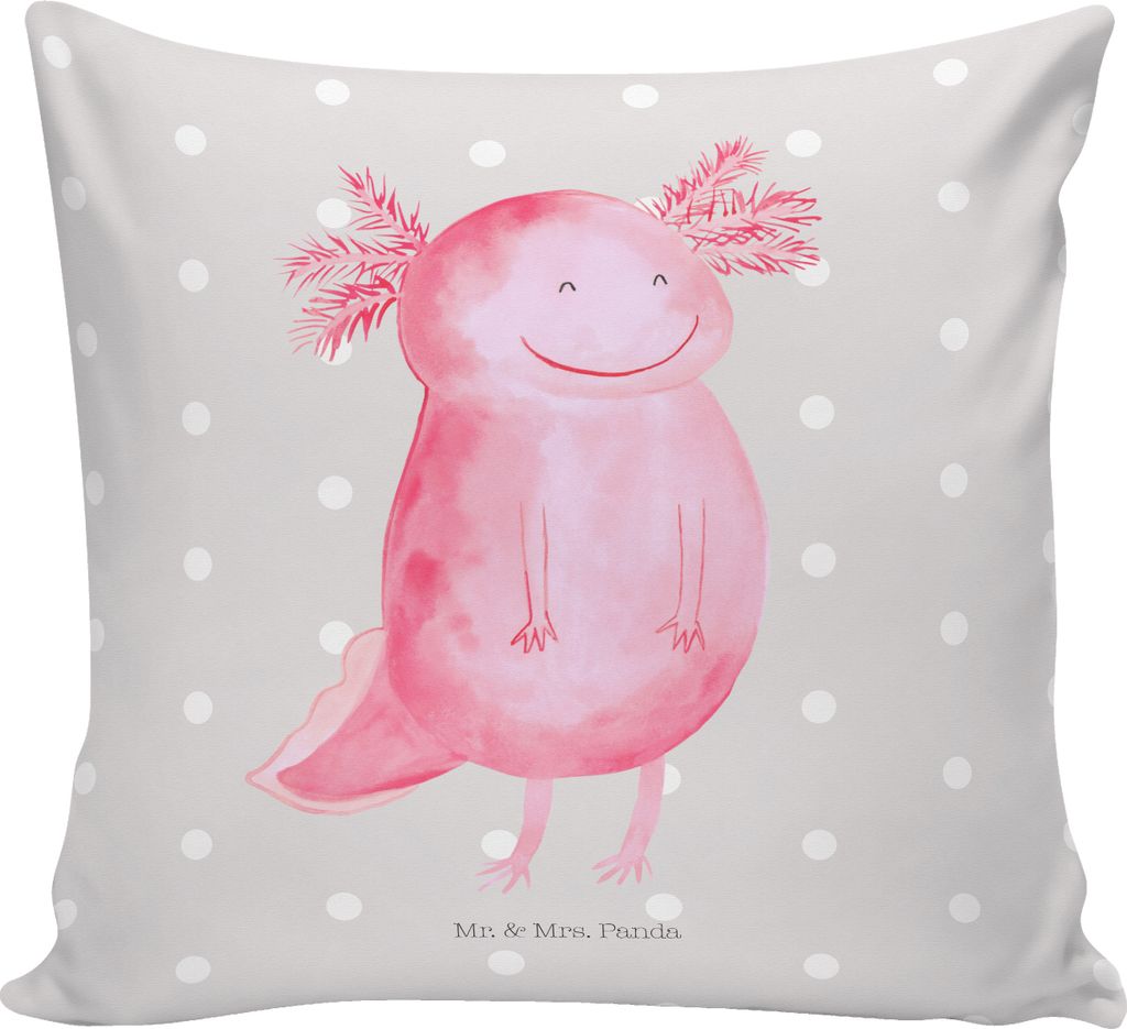 Mr. & Mrs. Panda Kissen 40x40 Axolotl Glücklich - Grau Pastell - Geschenk, kuschelkissen, Sofa, für, Lebensfroh, Gute Laune, Dekokissen, gut Gela...