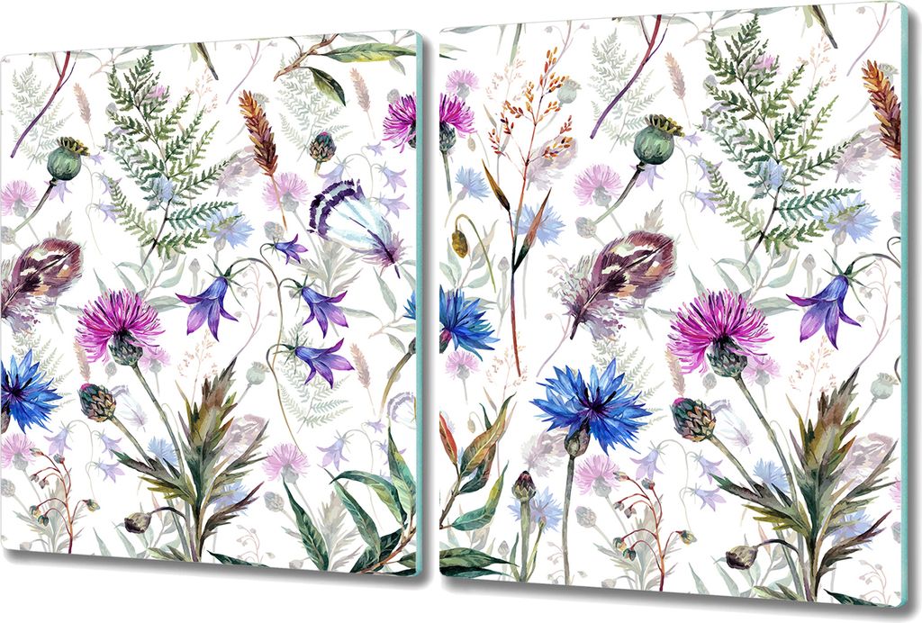 Glas-Herdabdeckplatte Glaskeramikkochfeld-Abdeckung Spritzschutz - 2x 40x52 cm - Wildblumen grün lila