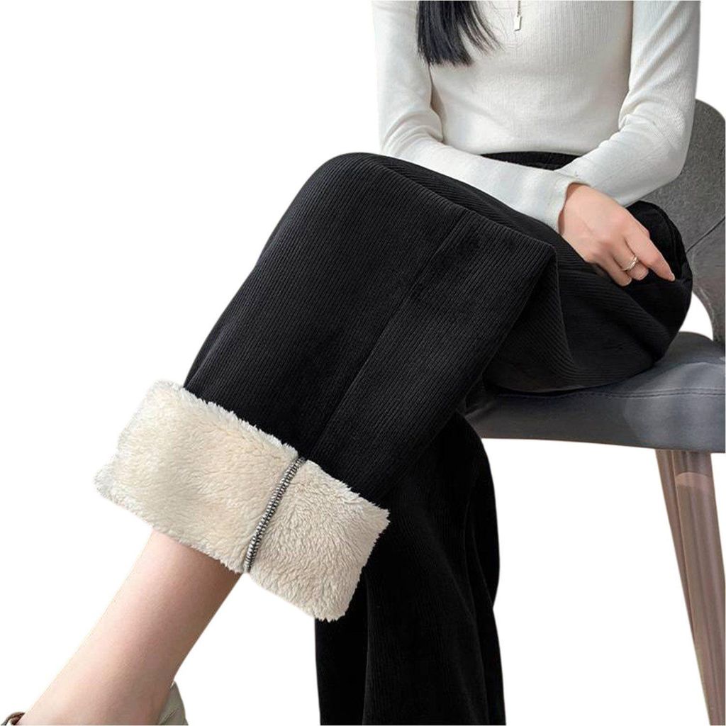 Thermohose Damen Winter Gefüttert, Weites Bein Fleece Freizeithose in Übergröße, Schwarz Größe 2XL
