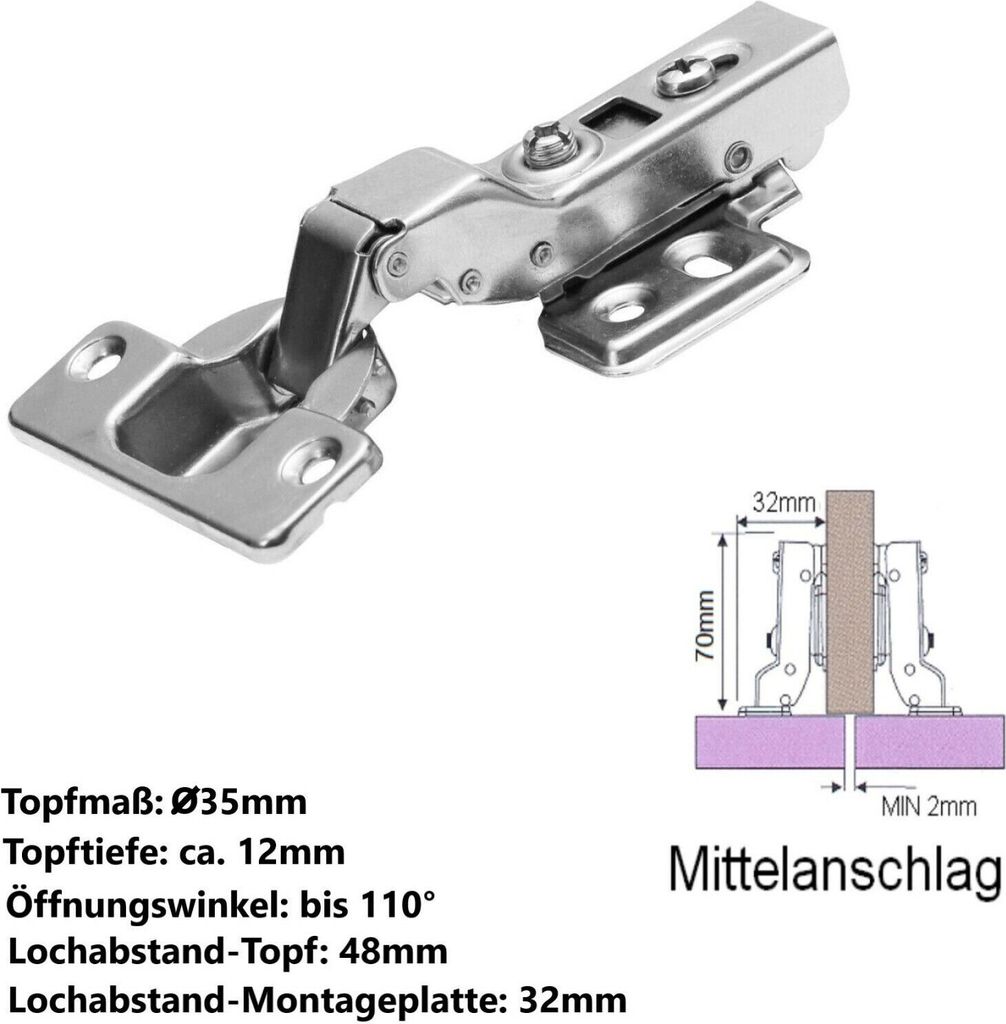 Premium Topfband Ø35mm 110° mit Dämpfer incl. Kreuzplatte Scharnier Topfbänder Mittelanschlag