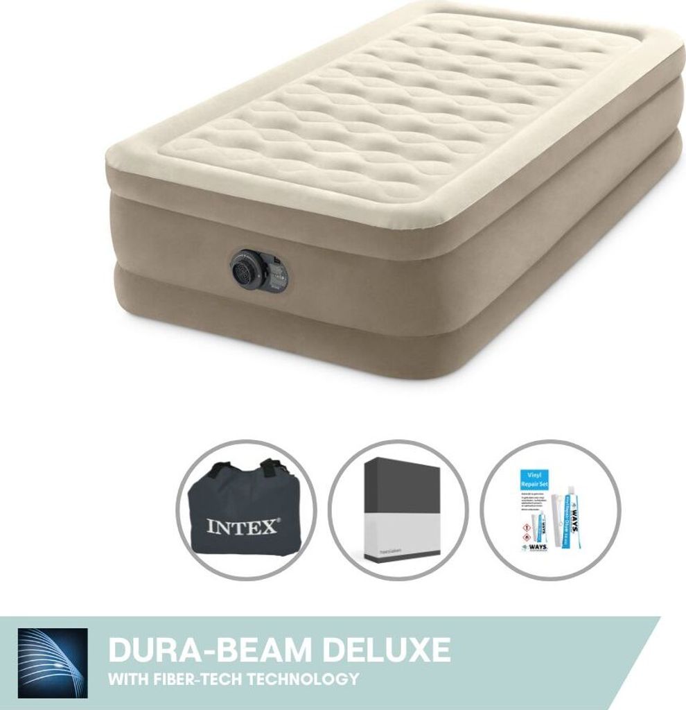 Intex Luftbett - 1 Person - 99 x 191 x 46 cm - Beige - Mit eingebauter Pumpe + Spannbettlaken Schwarz + Reperaturset