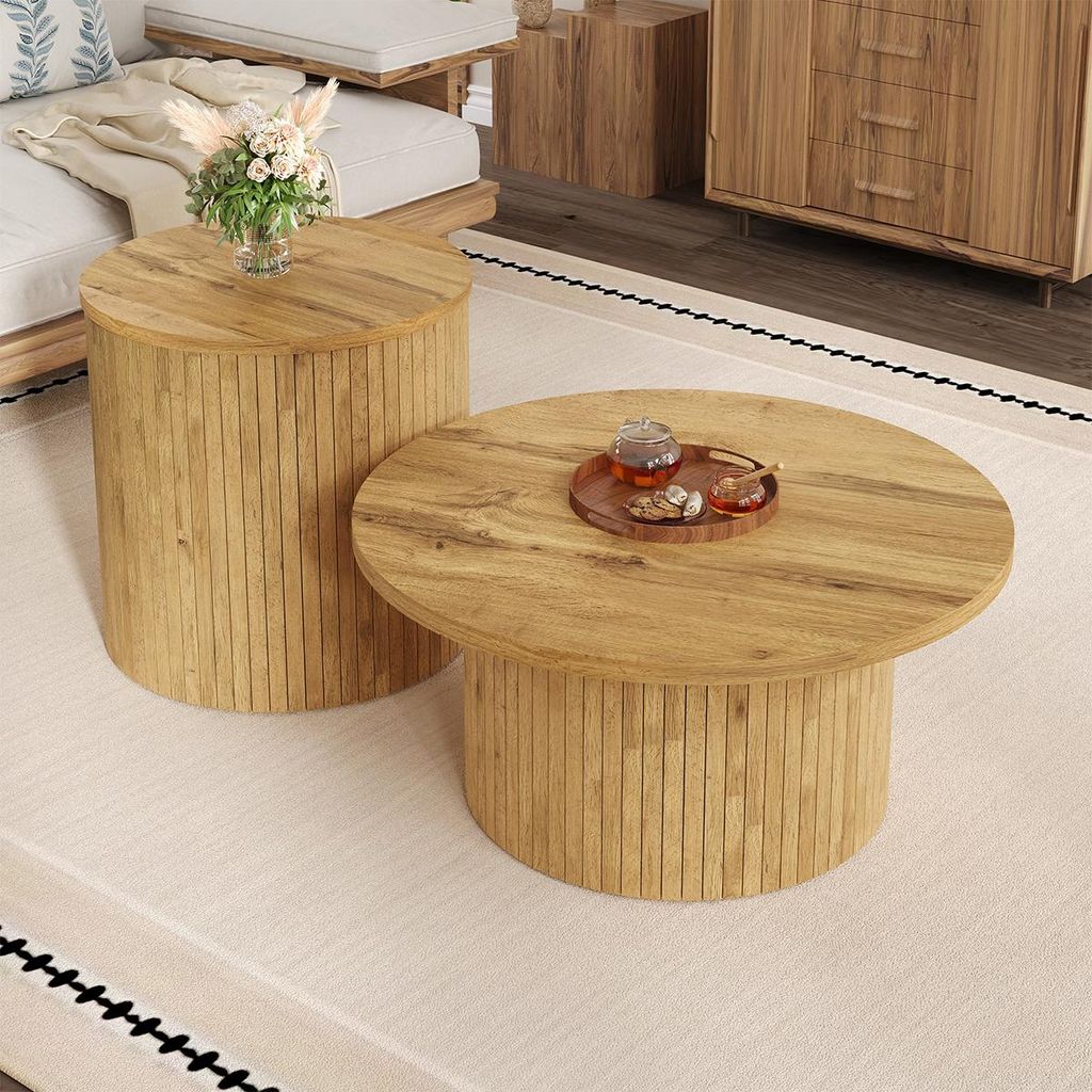 Couchtisch mit Naturholzlatten Doppelter Runder Kaffeetische Wohnzimmertisch 75*75*36+50*50*50,5 Natural
