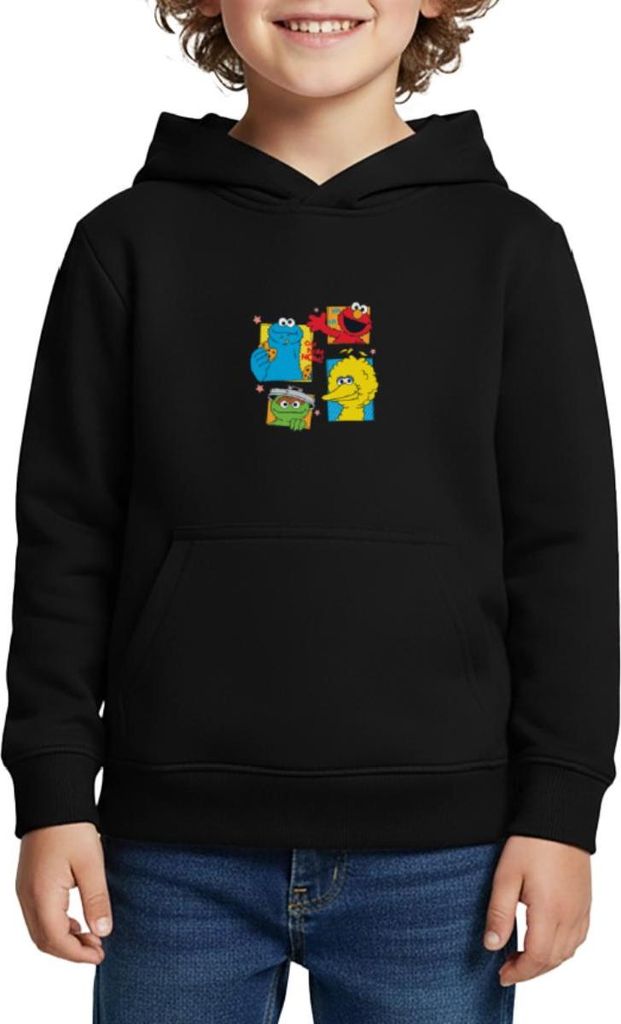 Spreadshirt Sesamstraße Cookie Bibo Elmo Oscar Kinder Premium Hoodie, 110/116 (4 Jahre), Schwarz