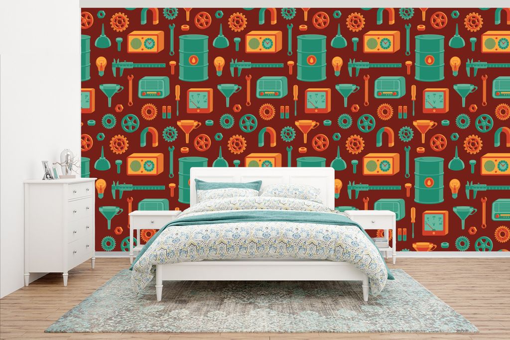 MuchoWow Fototapete für Wohnzimmer oder Schlafzimmer Wandtapete Vinyl Motivtapete Muster - Retro - Werkzeuge - 395x220 cm - Tapezier Papier