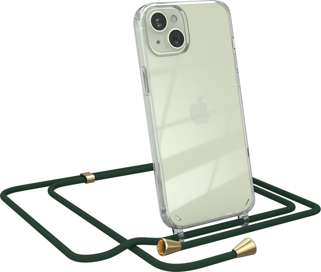 EAZY CASE Handykette kompatibel mit Apple iPhone 15 Plus, Handyhülle mit Umhängeband, Handykordel, Schutzhülle Clear, Band in Grün