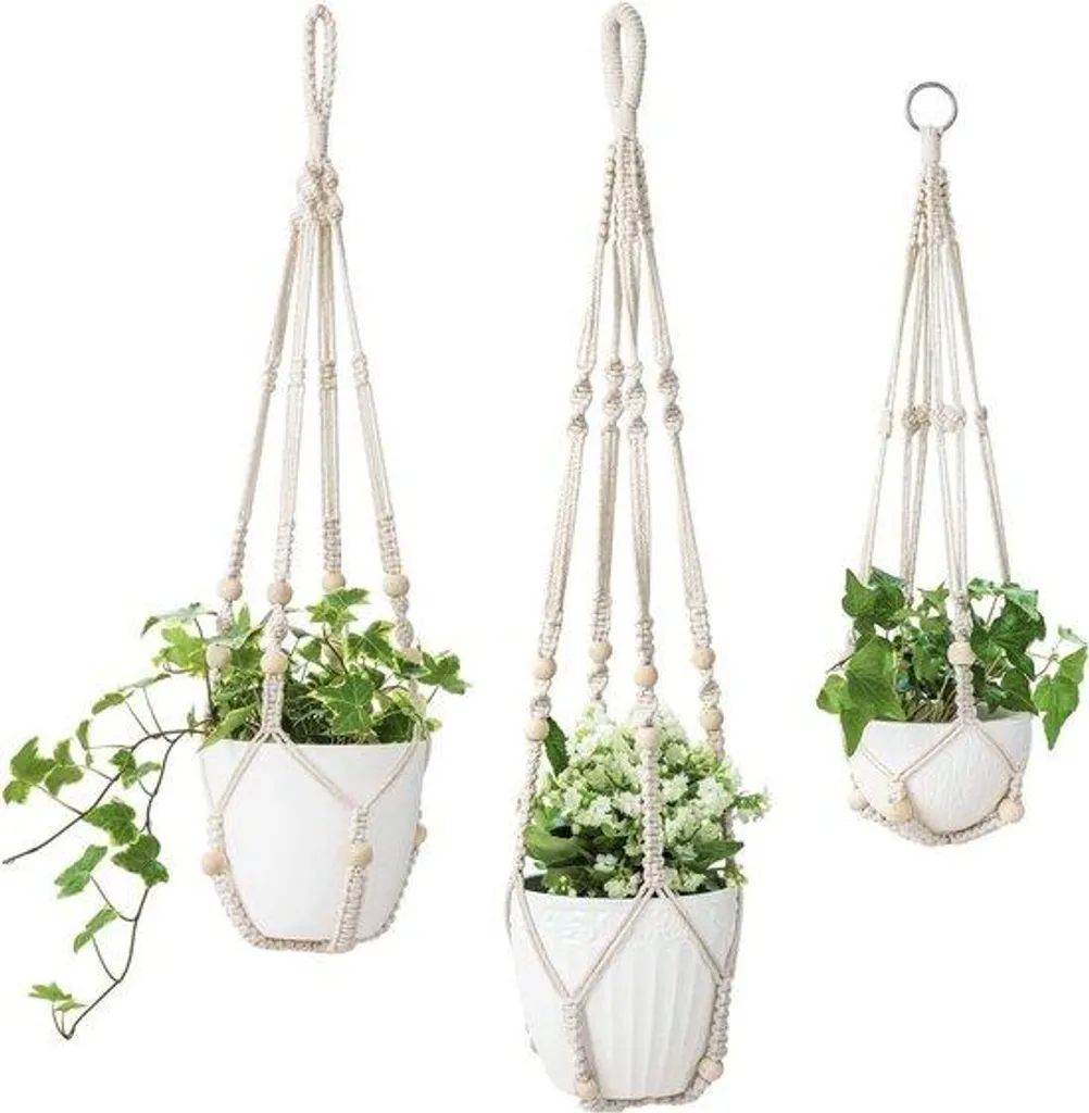 Lot de 3 Paniers à Fleurs Macramé en Coton avec Perles - 58 73 89 cm