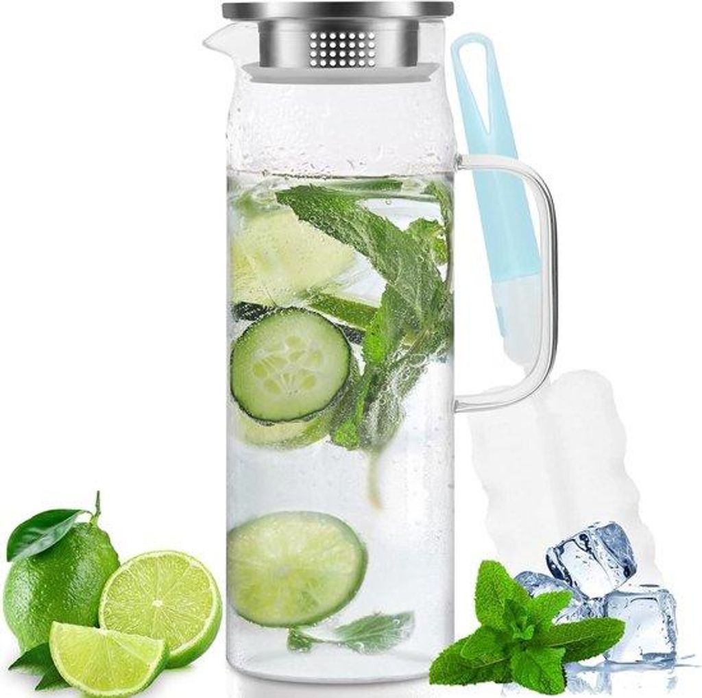 Gläserne Wasserflasche mit Deckel - 1,5 Liter - transparent - silber