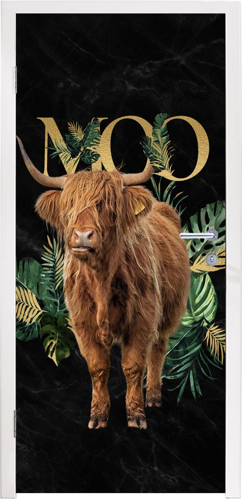 MuchoWow Türtapete Selbstklebende Türfolie Zauberspruch - Schottischer Hochländer - Pflanzen 75x205 cm Türposter Türaufkleber Klebefolie Tü...