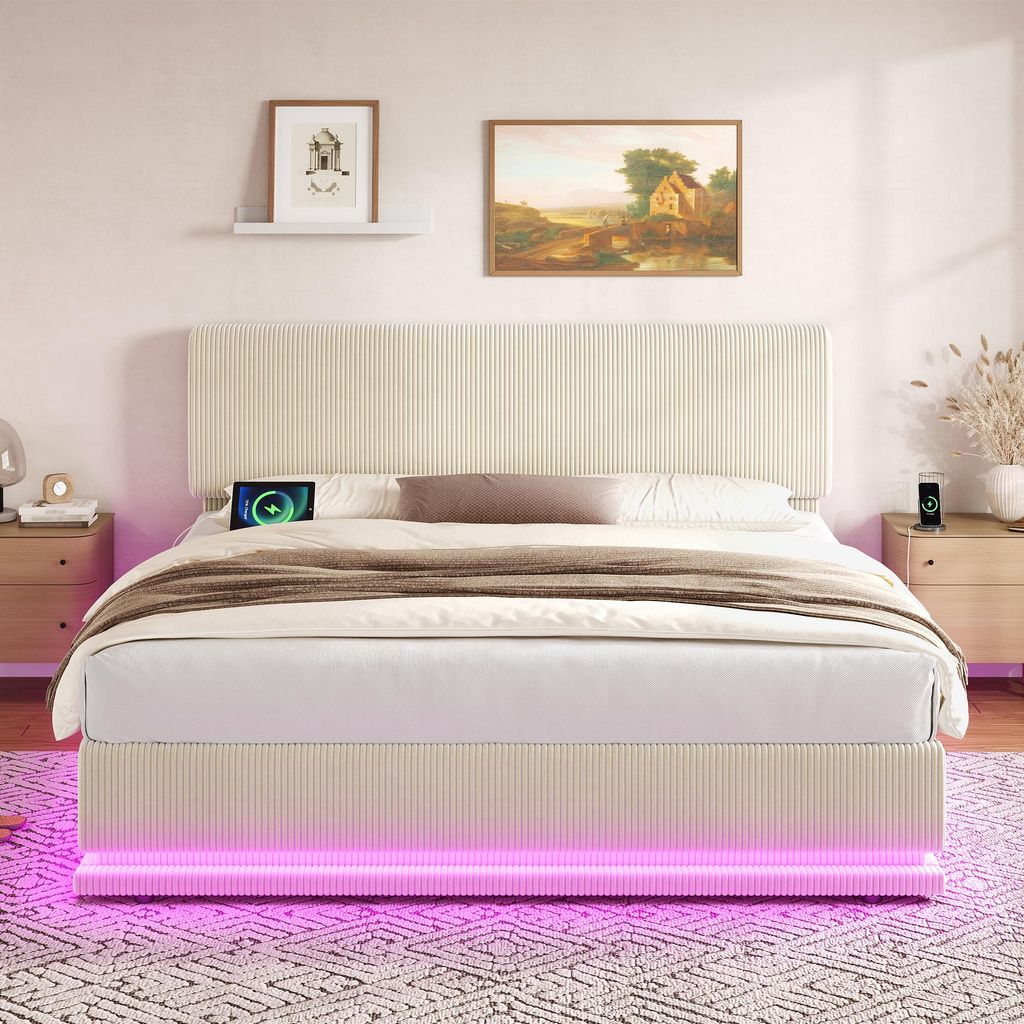 LVHOM Polsterbett 160x200cm mit Bettkasten, Cord Doppelbett mit Lattenrost, LED und USB-C, Hydraulisches Jugendbett mit verstellbarem Kopfteil, Beige