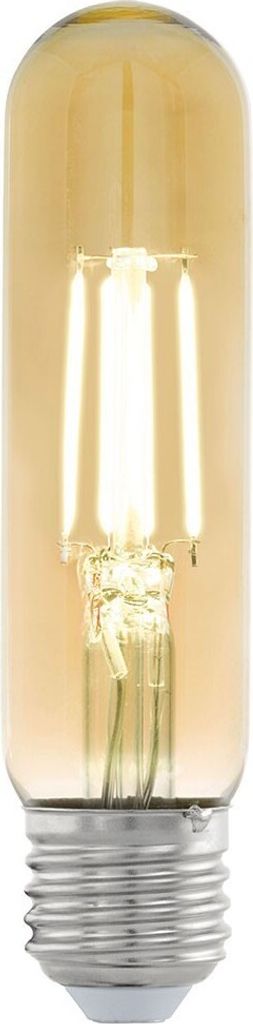 A close-up studio shot of a single LED light bulb with a clear amber glass tube and a silver screw base.