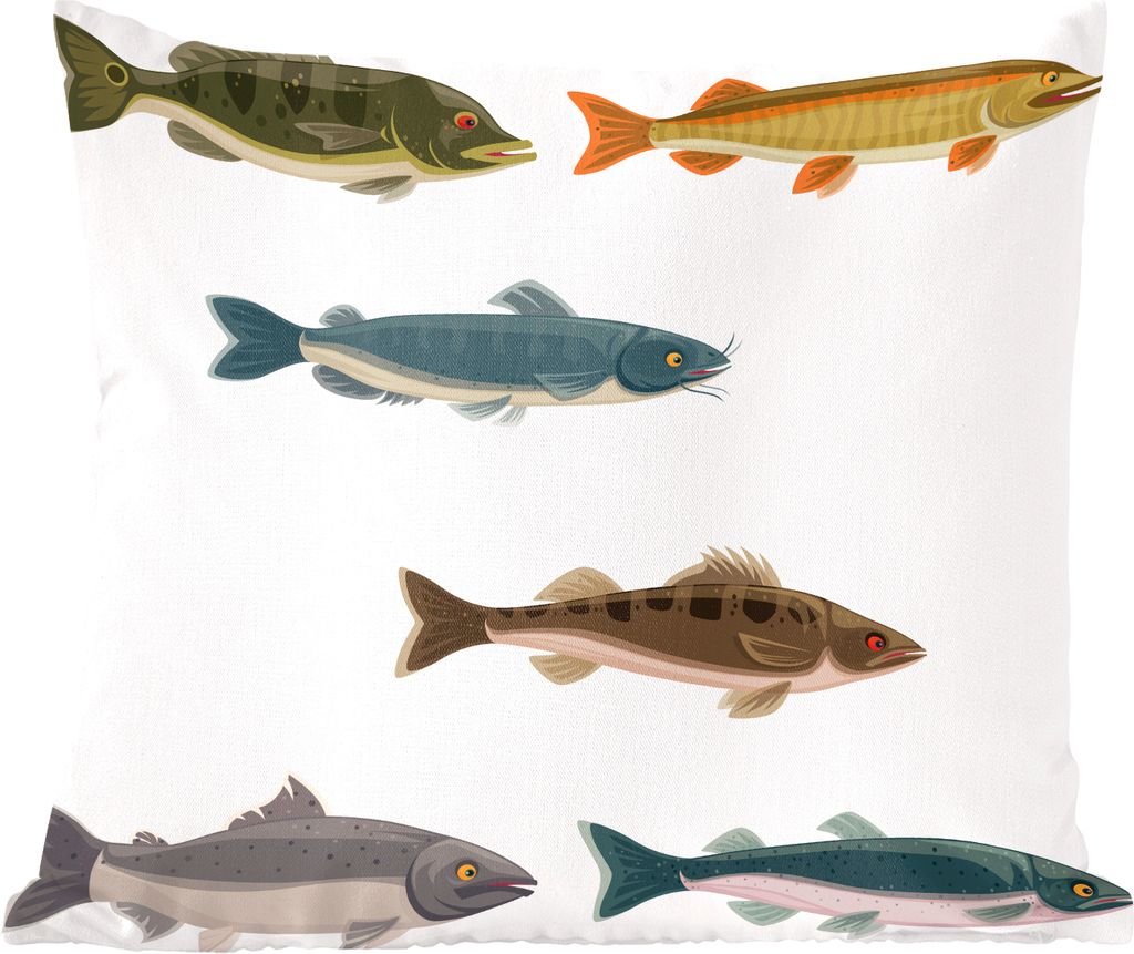MuchoWow Zierkissen Sofakissen Wohnzimmer Dekokissen 50x50 cm Eine Illustration von sechs farbigen Fischen - Komfort - Sofakissen