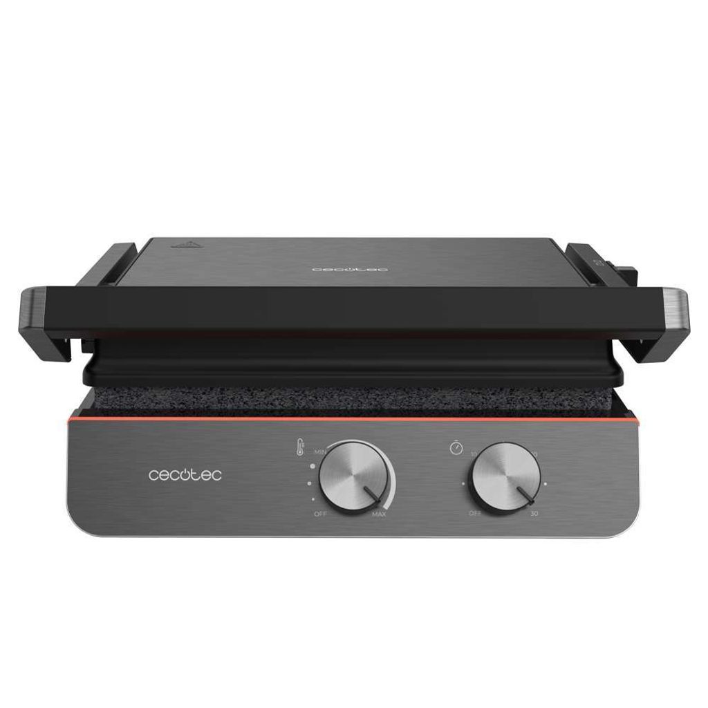A close-up studio shot of a Cecotec electric grill.