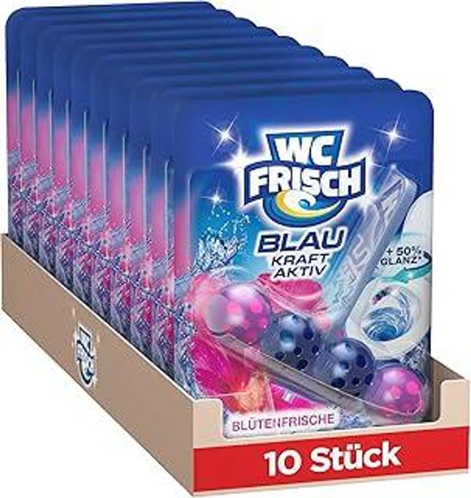 WC Frisch Kraft Aktiv Blauspüler Blüten-Frische (10er Pack), WC-Reiniger mit innovativer Geruchs-Stopp-Formel, Duftsteine für extra Frische und ...