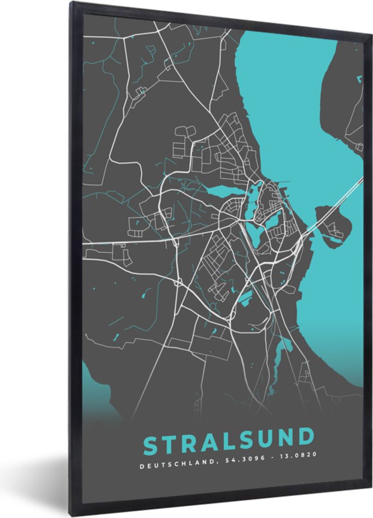 MuchoWow Gerahmtes Poster Stadtplan - Deutschland - Blau - Stralsund- Karte 40x60 cm - Poster mit Schwarzem Bilderrahmen Wandposter Rahmen Foto B...