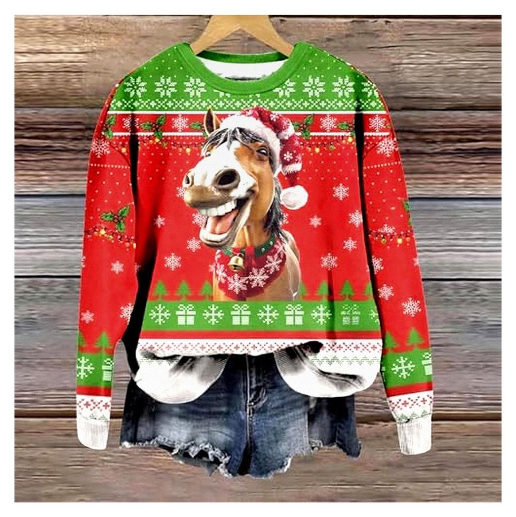 Weihnachtssweatshirt Damen Lustiger 3D Pullover Merry Christmas Weihnachtspullover Xmas Weihnachtsmann Langarmshirt Hässlicher Lustiger Sweater Pa...