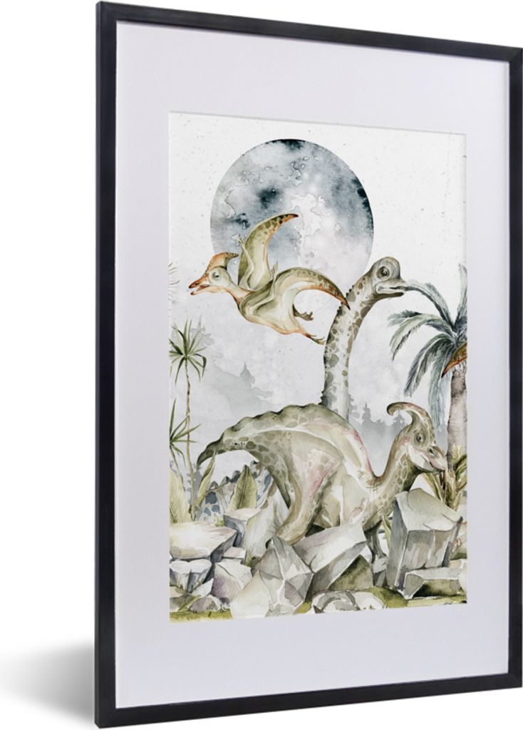 MuchoWow Gerahmtes Poster Dinosaurier - Kinder - Dschungel - Grün - Tiere - Natur 40x60 cm - Poster mit Schwarzem Bilderrahmen Wandposter Rahmen...