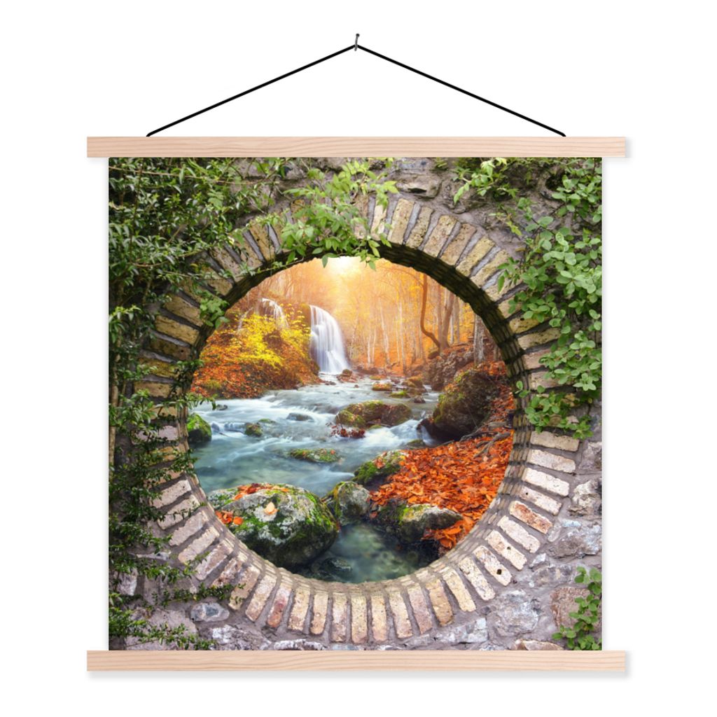 MuchoWow Textilposter Herbst - Wasserfall - Natur - Aussicht 40x40 cm mit holzfarbenen Rahmen - Posterleiste