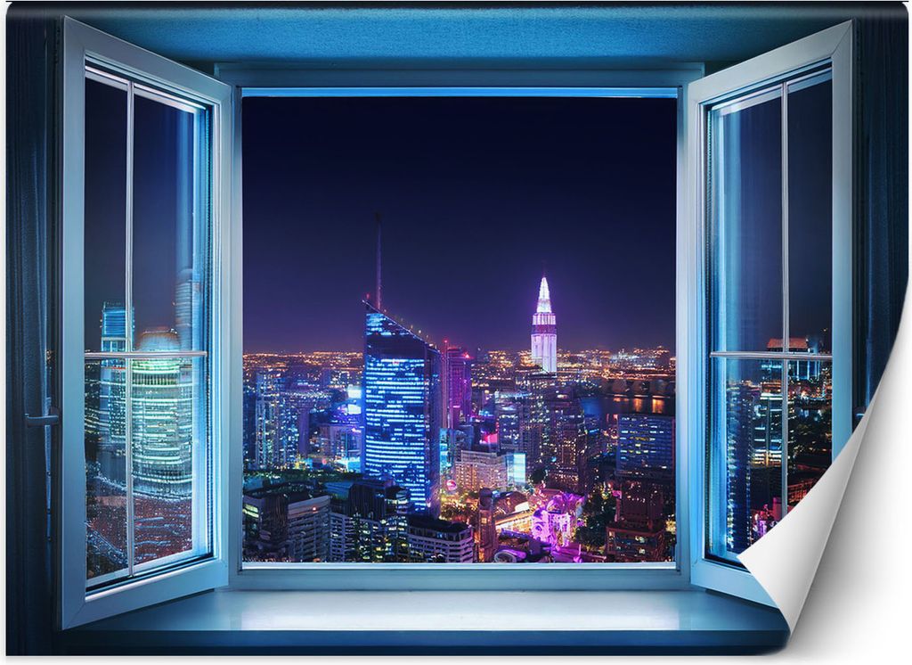 Vlies fototapete Blick aus dem Fenster auf die Stadt bei Nacht 300x210 cm Feeby Blau inkl. Kleber einfache Montage