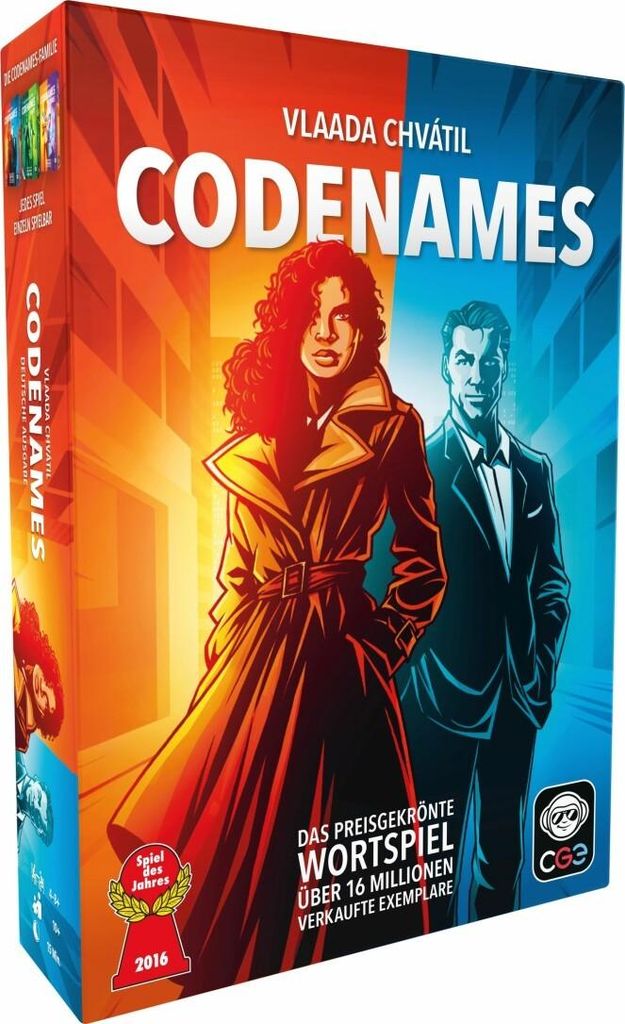 The image shows the front of the Codenames board game box, featuring stylized illustrations of two characters and prominent text.
