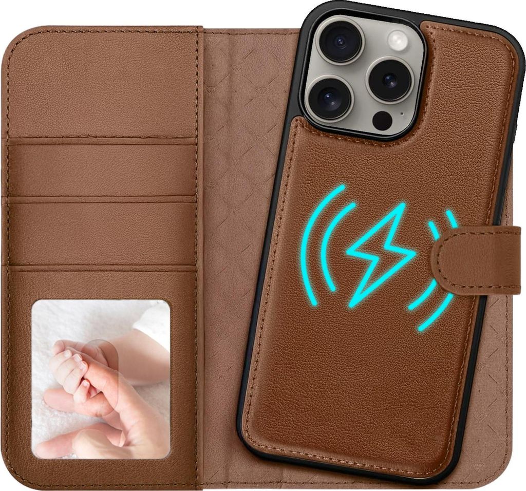 2in1 Magnet Wallet Handyhülle für iPhone 15 Pro Hülle RFID Schutz, abnehmbare Magnet Hülle, MagSafe kompatibel, stoßfestes Case mit Fotofenster