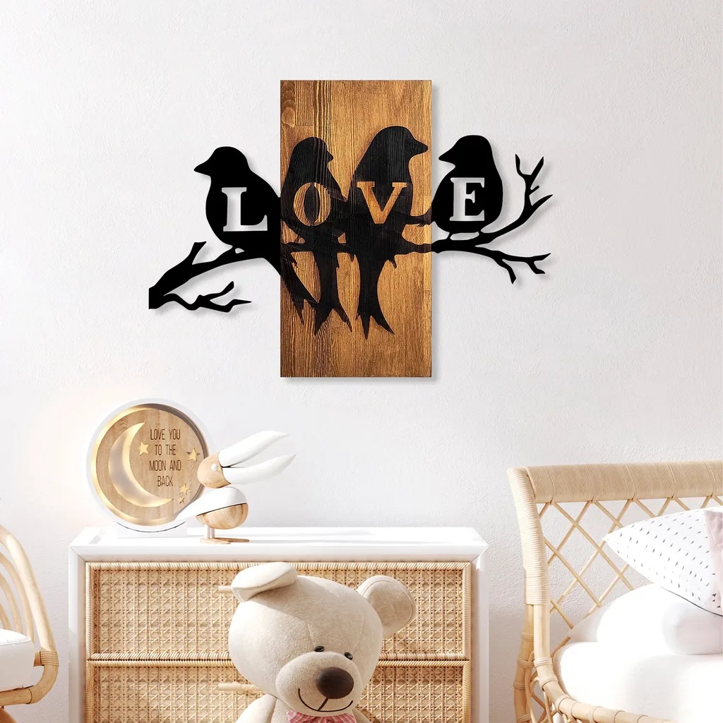 Accessoire Mural Love Birds en Bois de Noyer et Métal de 57 x 75 cm