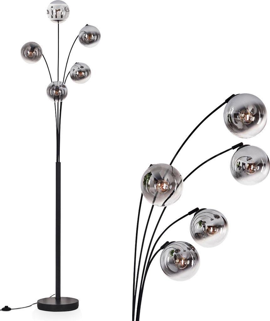 Fossobiubo Stehlampe aus Metall/Glas in Schwarz/Chromfarben/Rauchfarben/Klar