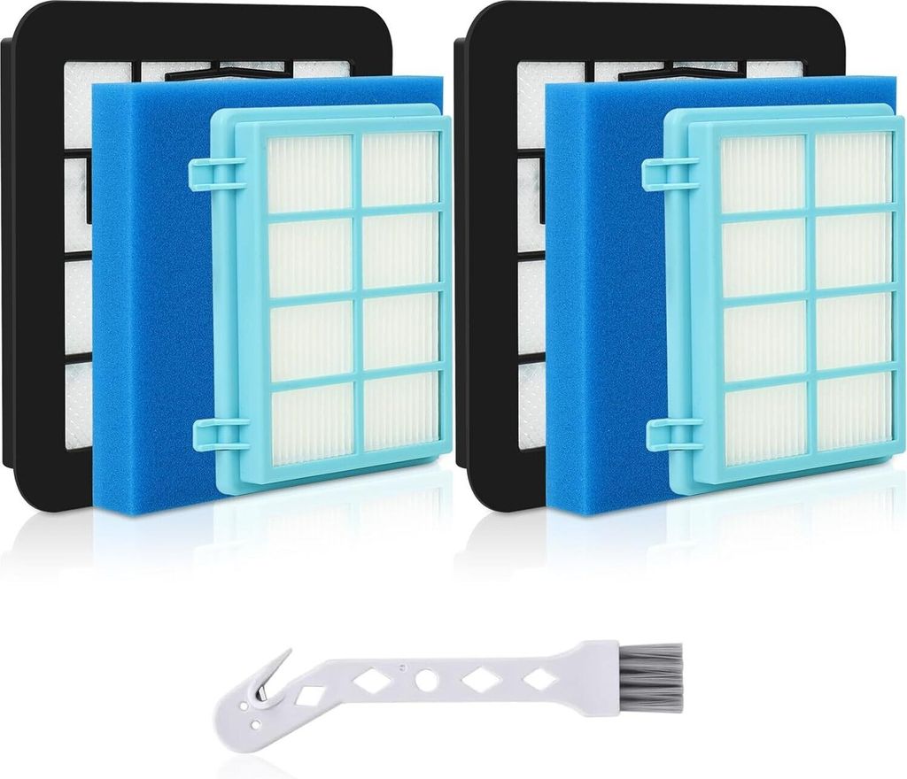 Two sets of vacuum cleaner filters and a cleaning brush.