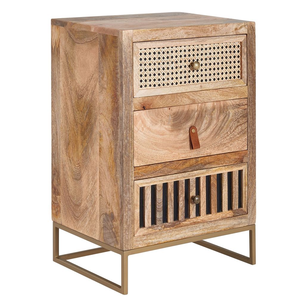 A wooden nightstand with three drawers and a metal frame, shown against a white background.