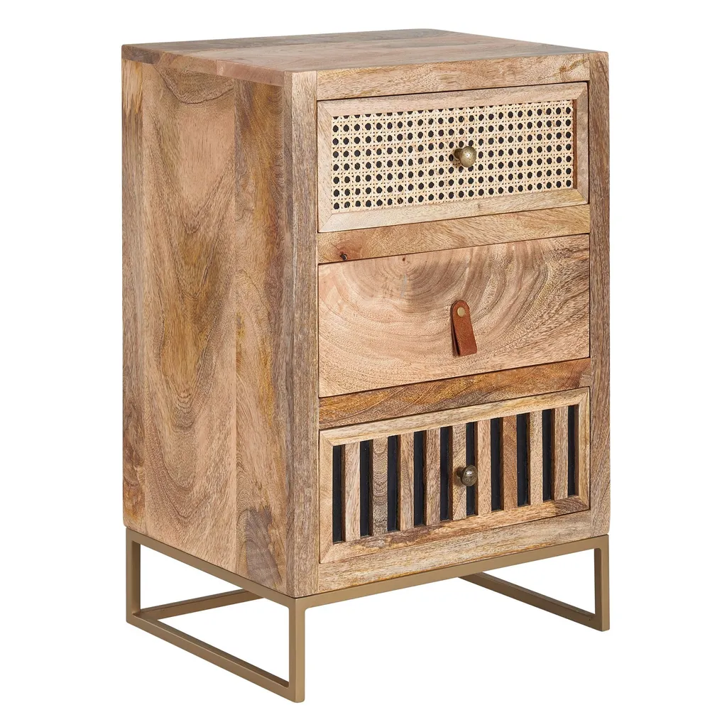 Commode de nuit en bois massif et rotin tressé pour style bohème