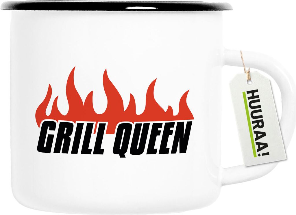 Huuraa Emaille Tasse Grill Queen Flammen 300ml Vintage Campingbecher Geschenkidee