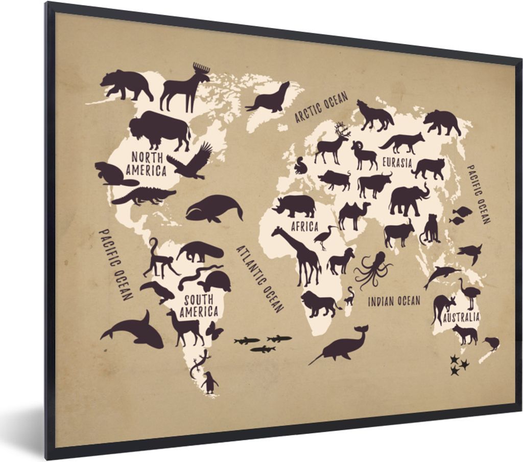 MuchoWow Gerahmtes Poster Weltkarte - Tiere - Braun 40x30 cm - Poster mit Schwarzem Bilderrahmen Wandposter Rahmen Foto Bilder - Kunstposter - Wa...