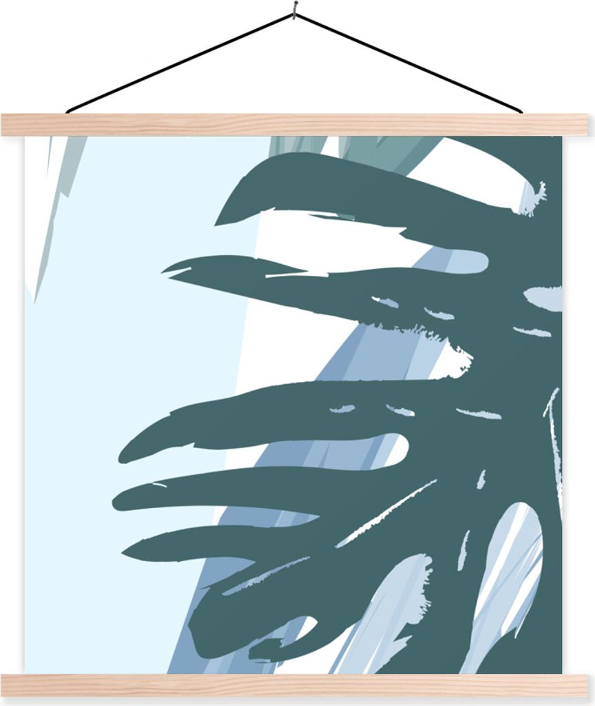 MuchoWow Textilposter Sommer - Monstera - Hellblau 60x60 cm mit holzfarbenen Rahmen - Wanddekoration
