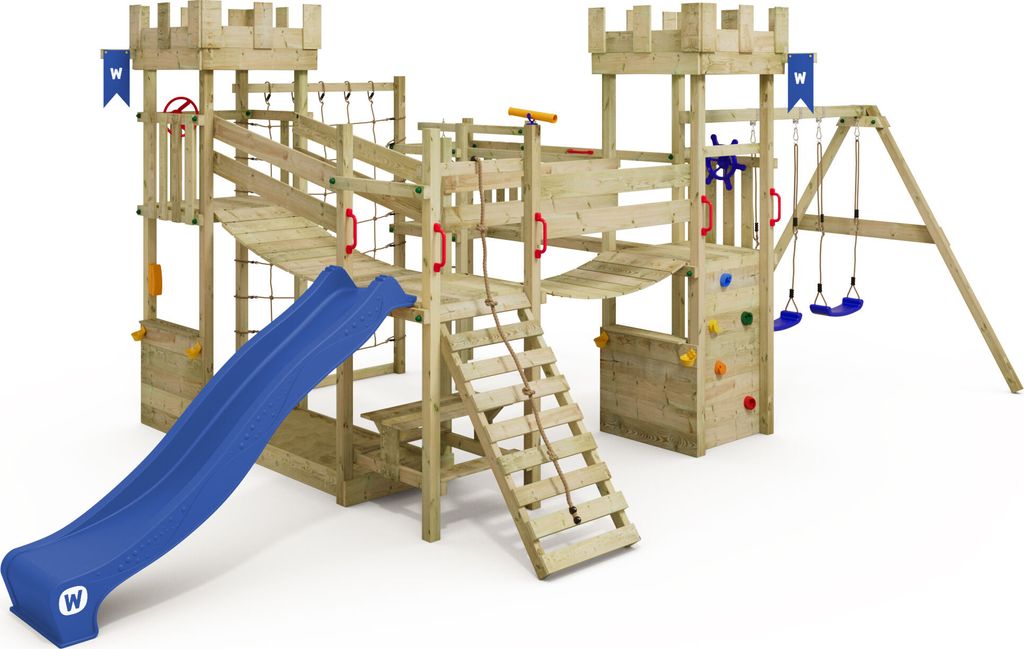 WICKEY Spielturm Smart Arch mit Kletternetz, Doppelschaukel, Wackelbrücke und Rutsche - blau