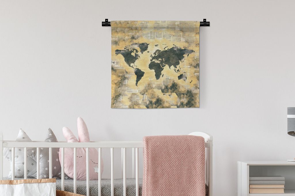 MuchoWow Wandteppich Wandbehang Weltkarte - Vintage - Zeitungen 60x60 cm Tapisserie Dekoration Wandtuch - Dekorationen - Wand Decke