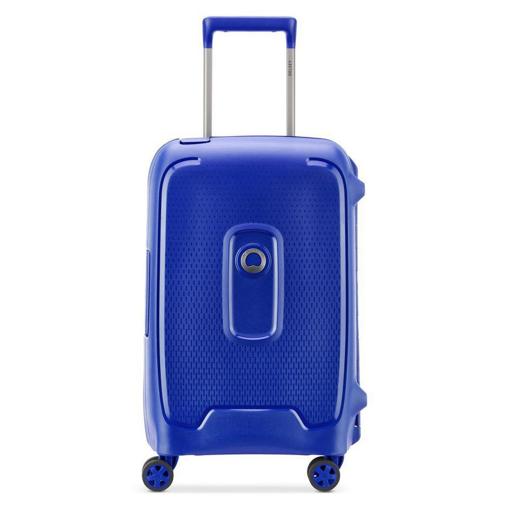 A blue Delsey Moncey 4-wheel cabin trolley is shown against a white background.