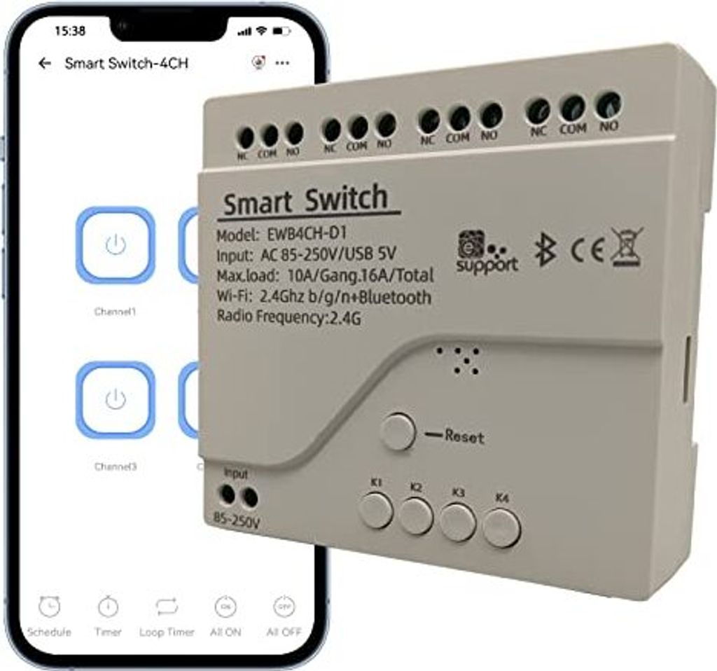 Jane Eyre 4 Kanal WiFi Smart Jog Switch/Self-Locking Relay USB 5V/AC85V-250V-Eingang, Ewelink App, kann Bluetooth kontrolliert werden, kompatible Alex