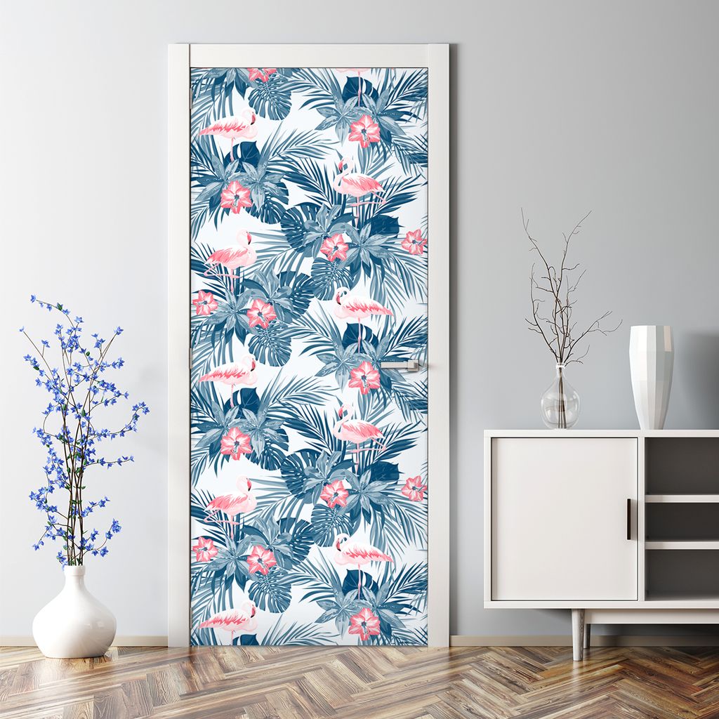 Dekorative Türposter selbstklebend Klebefolie Wandaufkleber Türaufkleber Indigo Vögel rosa 77 x 200 cm