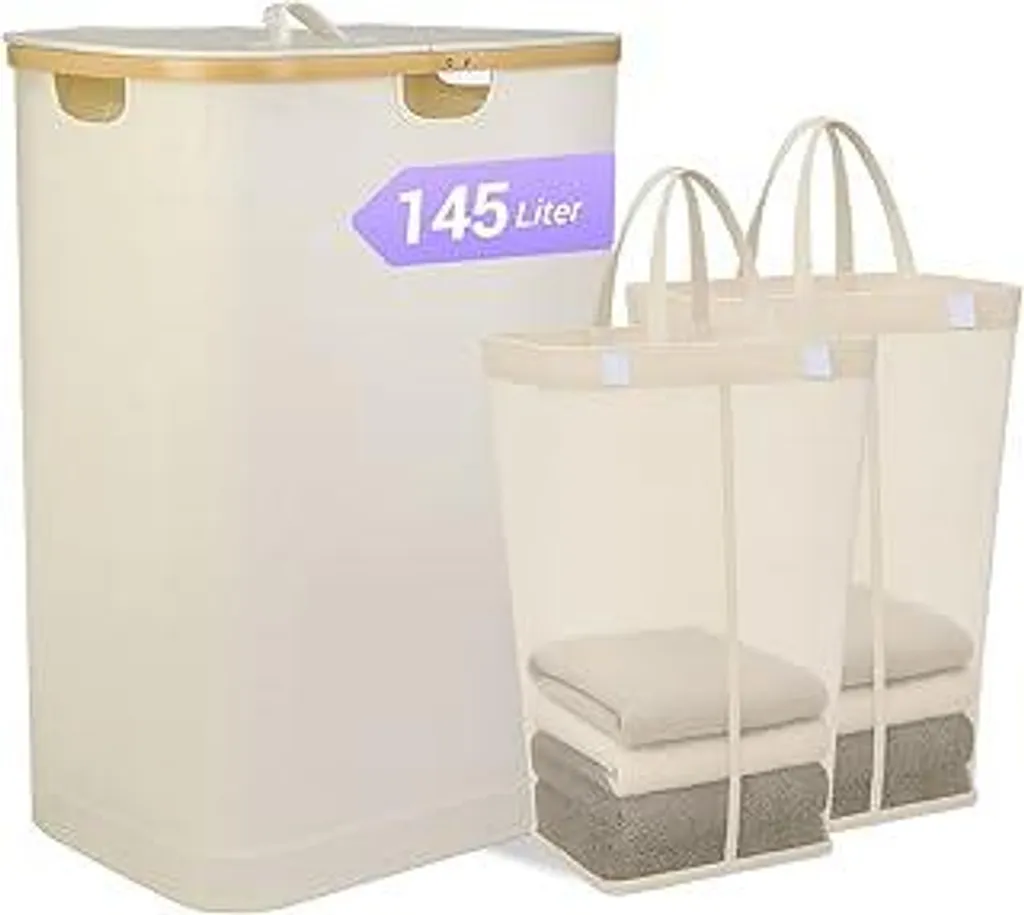 Cesto Portabiancheria Doppio 145L Beige - Separatore Bucato XL