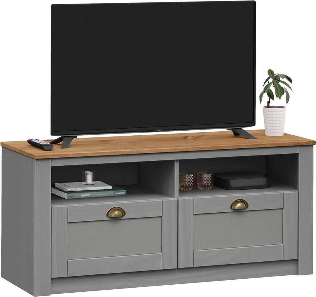 Lowboard BOLTON aus massiver Kiefer in grau/braun, schönes TV Board mit 2 Schubladen, praktischer Fernsehtisch mit 2 Fächer, stabile TV Möbel im Landhausstil