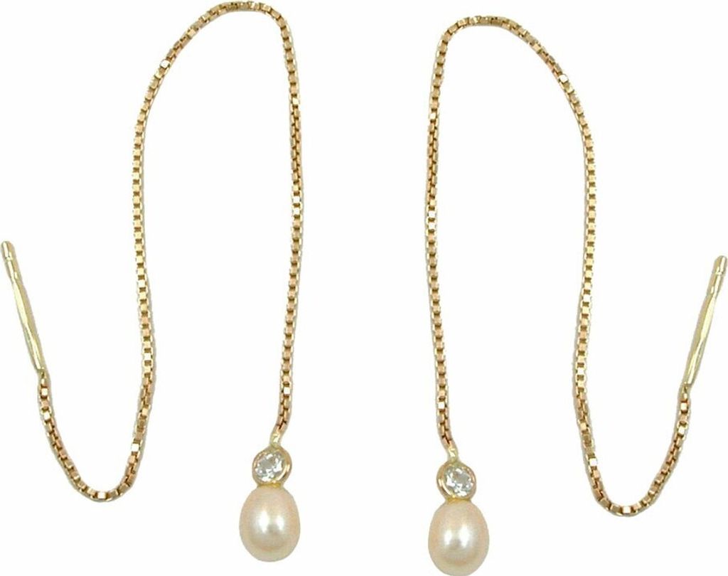 Lange Ohrhänger Durchzieher 93mm mit Perlen & Zirkonia 375 Gelbgold Damen