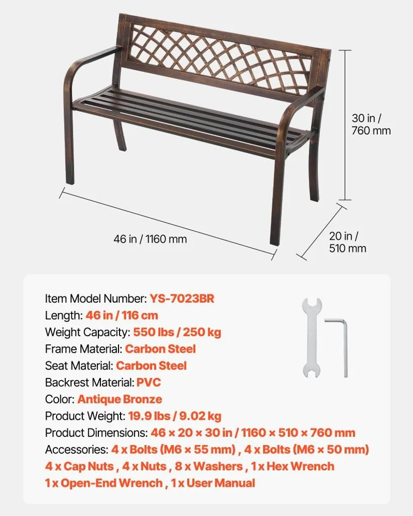 Panca da giardino 116 cm - Panche da giardino con portata di 250 kg - Panca da giardino con struttura Acciaio al carbonio - Panca da balcone con rete in PVC e braccioli - Panca da giardino nera per giardino, parco, cortile - 7