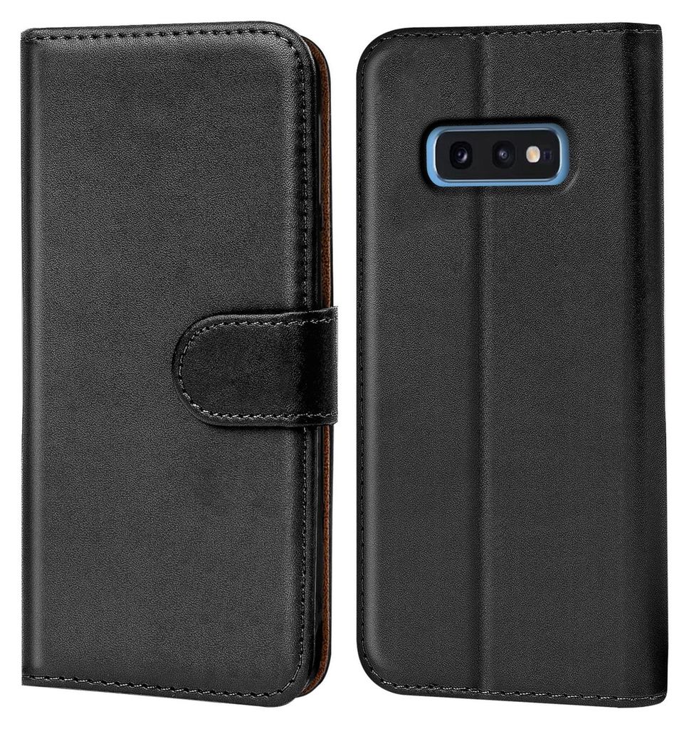 A black flip case for a Samsung Galaxy S10e is shown from the front and back.