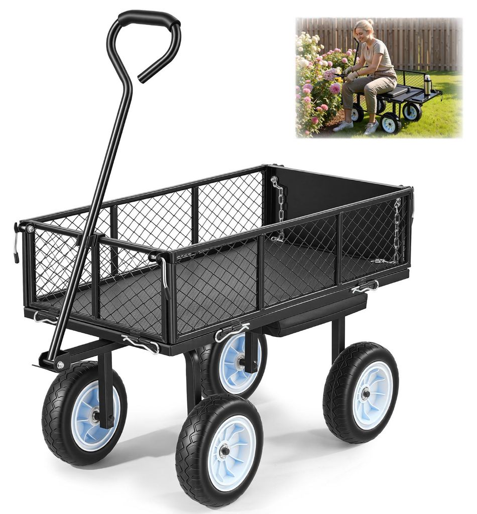 VEVOR Bollerwagen 226,8 kg Tragkraft, Gartenwagen mit Sitz & PolyurethanRädern, Transportwagen mit Werkzeugablage & Verstellbarem Griff, Gerätewa...