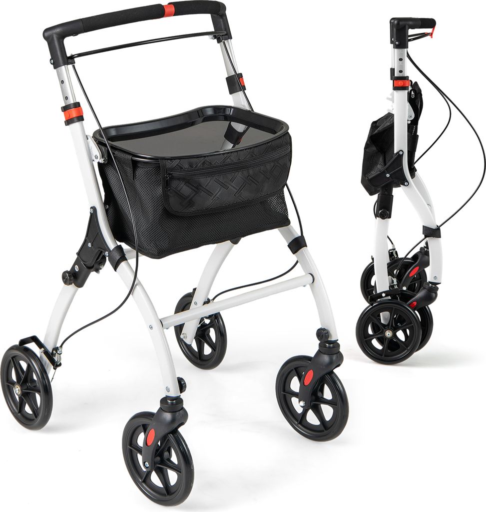 A white and black rollator walker with a basket and tray, shown from the front and folded from the side.