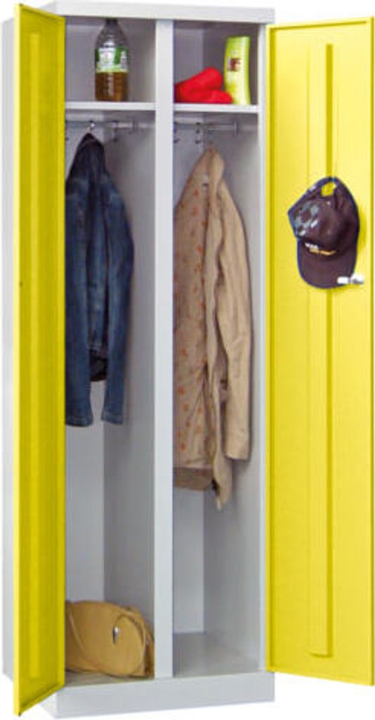 Spindschrank m. Sockel - 2 Abteile, gemeinsam verschließbar - 1.800x600x500 mm (HxBxT) - Zylinderschloss - himmelblau/feuerrot