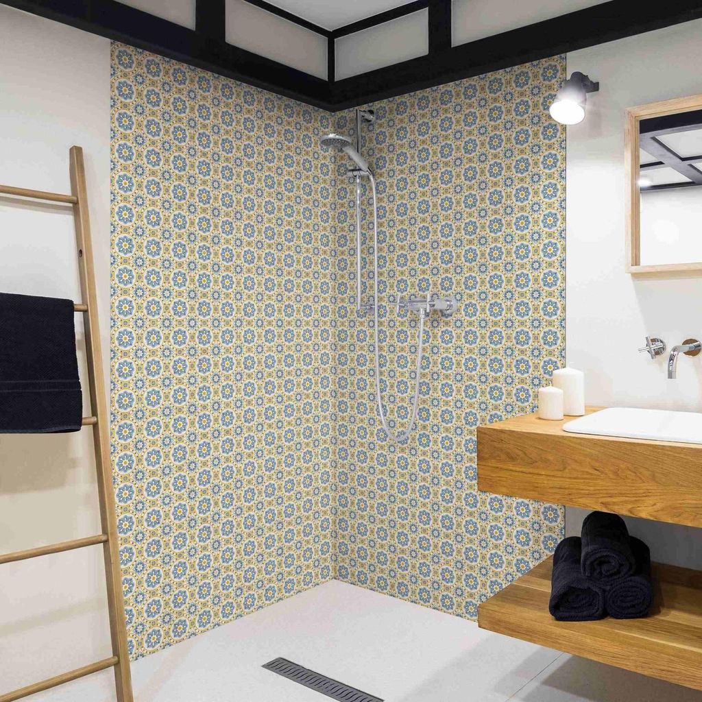 Duschrückwand mit Motiv selbstklebend - 0.35 mm Wandpaneel wasserfest Design gelb Fliesenoptik Illustration Badrückwand fugenlos Smart matt 90x2...