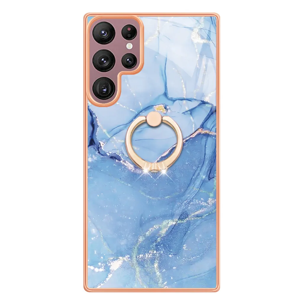 Custodia per Samsung Galaxy S22 Ultra 5G, custodia protettiva in silicone TPU bumper a fantasia con supporto ad anello blu - 3