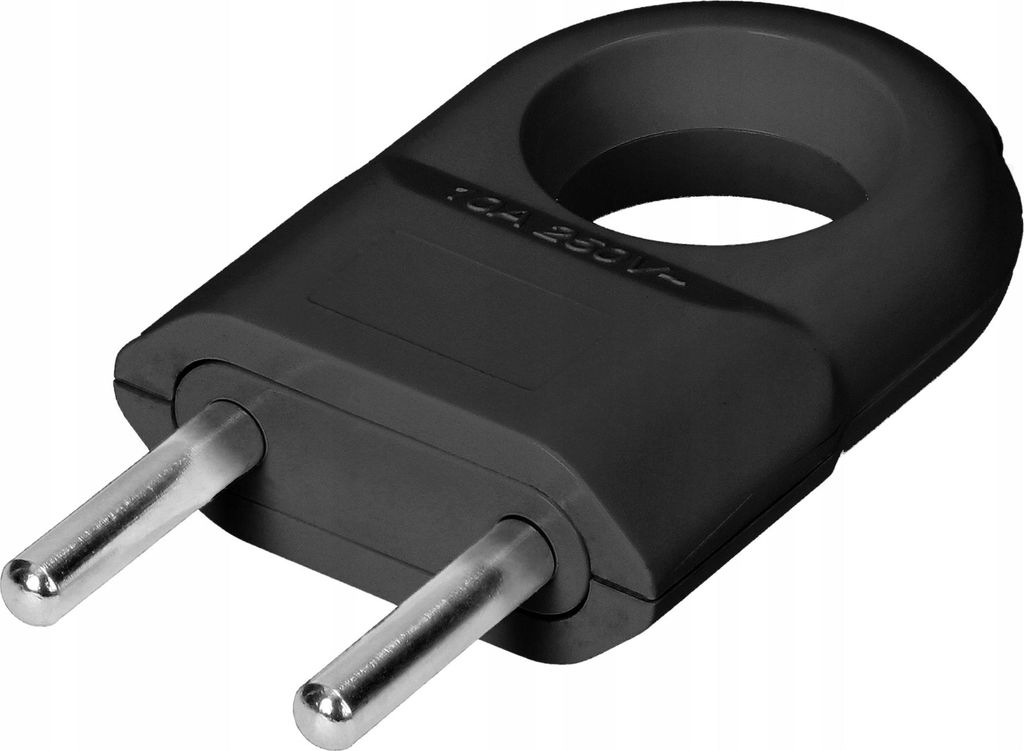 A black Euro plug with two silver pins is shown against a white background.